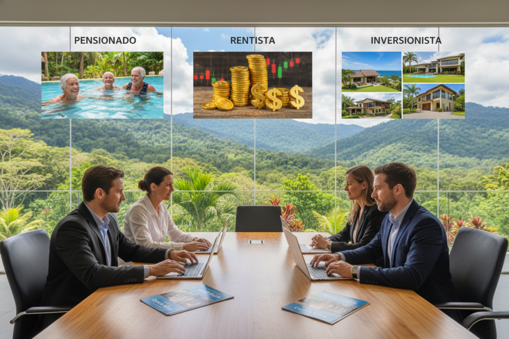 A serene Costa Rica landscape featuring a modern office environment displaying various residency options: Pensionado, Rentista, and Inversionista. In the foreground, a diverse group of Caucasian professionals in business casual attire, engaged in discussions around a sleek table with brochures and laptops open, showcasing the Pura Vida Costa Rica branding. The middle ground includes representations of each residency type, with visual elements like images of retirees enjoying leisure activities for Pensionado, symbolic financial assets for Rentista, and investment properties for Inversionista. The background features a tropical Costa Rican landscape with lush greenery and mountains under a bright blue sky. Soft, natural lighting enhances the inviting atmosphere, creating a sense of warmth and opportunity. The camera angle is slightly elevated, capturing the collaborative spirit and professional setting.