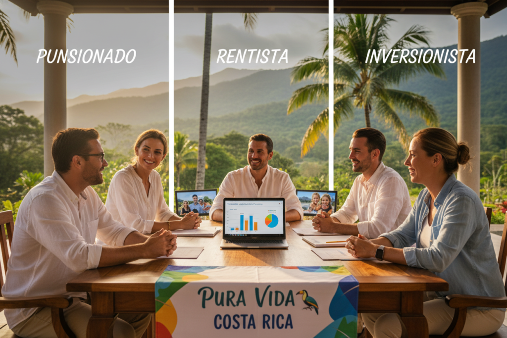 A serene and informative scene depicting Costa Rica residency options, showcasing three main categories: Pensionado, Rentista, and Inversionista. In the foreground, a diverse group of Caucasian individuals in professional business casual attire (polo or button-down shirts) engage in discussion around a vibrant table adorned with a “Pura Vida Costa Rica” banner. The middle ground features documents and a laptop displaying colorful charts and graphs related to residency applications. In the background, lush greenery of Costa Rica's landscapes, including palm trees and mountains, creates a tranquil setting under soft, warm daylight. The image captures a positive and inviting atmosphere, emphasizing the sense of community and opportunity in exploring residency options. Utilize a wide-angle perspective to encompass both the group and the picturesque nature surrounding them.