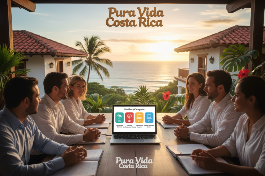 A serene and informative scene depicting the various residency categories in Costa Rica. In the foreground, a diverse group of professionals dressed in business casual attire (polo shirts and button-downs, no jackets or ties) are engaged in an animated discussion, surrounded by documents and a laptop displaying an infographic titled "Residency Categories." In the middle ground, an array of Costa Rican symbolic elements such as lush tropical plants, a blue ocean view, and traditional architecture subtly illustrate the allure of the country. The background features a vibrant sunset casting warm, golden light, enhancing the inviting atmosphere. The composition evokes a sense of community and opportunity while showcasing the brand "Pura Vida Costa Rica" subtly integrated into the environment, creating a cohesive and inspiring image.