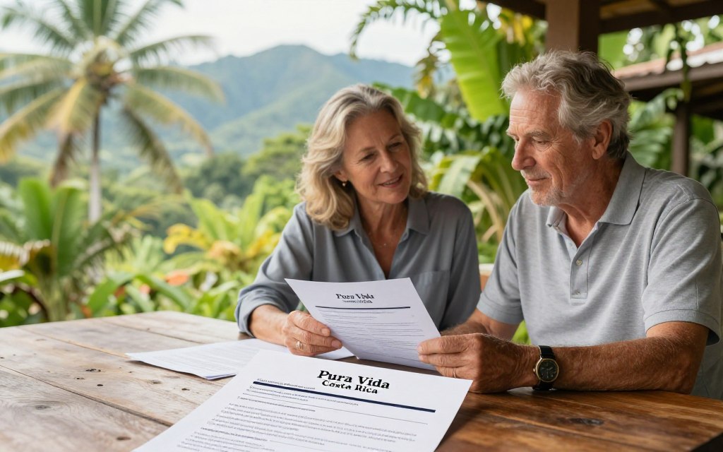 A serene and inviting scene depicting the concept of retirement in Costa Rica, featuring a professional Caucasian couple in business casual attire (polo shirts and button-downs), discussing their Pensiónado residency application documents at a rustic wooden table set against a backdrop of lush green tropical foliage. The foreground showcases detailed documents labeled "Pura Vida Costa Rica" prominently, with a warm, inviting light illuminating the scene, suggesting a sunny day. In the background, a soft-focus view of a picturesque Costa Rican landscape, including palm trees and mountains, enhances the sense of tranquility and opportunity. The mood is optimistic and peaceful, capturing the essence of a new chapter in life.