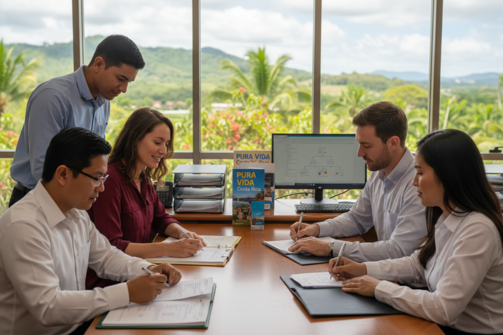 A serene and professional office environment depicting the Costa Rica marriage residency application process. In the foreground, a diverse group of Caucasian staff in business casual attire, including polo shirts and button-downs, assist a couple who are filling out forms at a desk. The middle ground shows an organized workspace with neatly stacked paperwork, a computer, and informational brochures titled "Pura Vida Costa Rica." In the background, large windows reveal a lush tropical landscape, hinting at the beauty of Costa Rica. The lighting is soft and inviting, creating a positive and hopeful atmosphere, while a shallow depth of field focuses attention on the applicants and staff. Emphasize the step-by-step approach to the application process, reflecting clarity and support in this important endeavor.