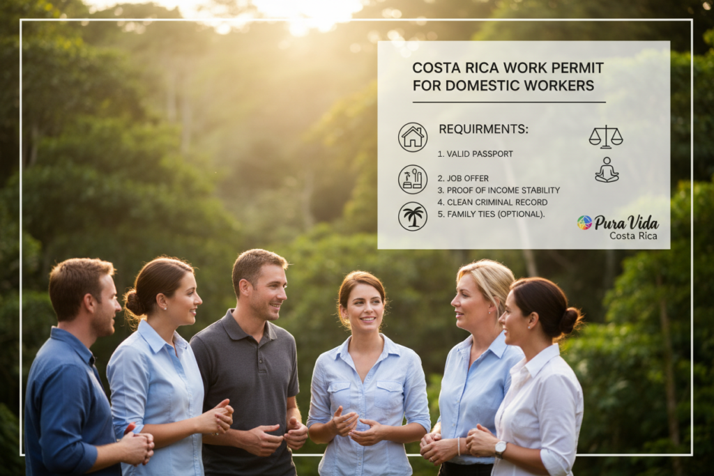 A serene and professional setting showcasing the eligibility criteria for Costa Rica work permits for domestic workers. In the foreground, a diverse group of Caucasian individuals dressed in business casual attire, such as polo shirts and button-downs, are engaged in a conversation, highlighting collaboration and support. The middle ground features a simple infographic on eligibility requirements, subtly designed with symbols representing family, stability, and work-life balance. The background displays lush green foliage characteristic of Costa Rica, enhancing the natural beauty of the scene. Soft, warm lighting filters through the leaves, creating an inviting atmosphere. The image prominently features the brand name "Pura Vida Costa Rica," subtly integrated into the design, emphasizing a welcoming and supportive environment for domestic workers.