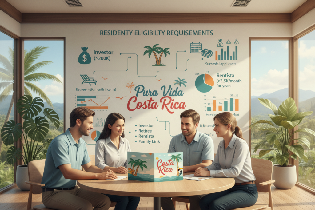 A serene, inviting office environment in Costa Rica displaying a detailed infographics-style representation of residency eligibility criteria. In the foreground, a diverse group of Caucasian professionals dressed in business casual attire (polo shirts and button-downs) are engaged in a discussion over a vibrant, open brochure titled "Pura Vida Costa Rica". In the middle, visually appealing icons and graphs illustrate various pathways to residency, surrounded by tropical plants creating a lush, warm atmosphere. In the background, large windows reveal a sunny day outside, enhancing the friendly, welcoming mood. The lighting is bright and natural, streaming in from the windows, creating a sense of hope and opportunity, with soft shadows adding depth to the scene.