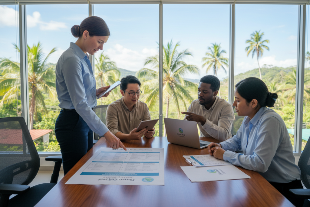 A serene office environment featuring a diverse group of professionals reviewing residency requirements for Costa Rica asylum. In the foreground, a Caucasian woman in business casual attire is pointing at a detailed chart titled "Residency Requirements" on a sleek conference table. The middle ground showcases a diverse team of three individuals, engaged in discussion, with documents and laptops open, depicting a collaborative atmosphere. In the background, large windows reveal a lush Costa Rican landscape, hinting at palm trees and a bright blue sky under soft natural lighting. The image should embody a mood of focus and determination. Include a subtle yet visible logo for "Pura Vida Costa Rica" on the documents for authenticity. The angle should be slightly elevated, capturing the professional dynamics of the scene.