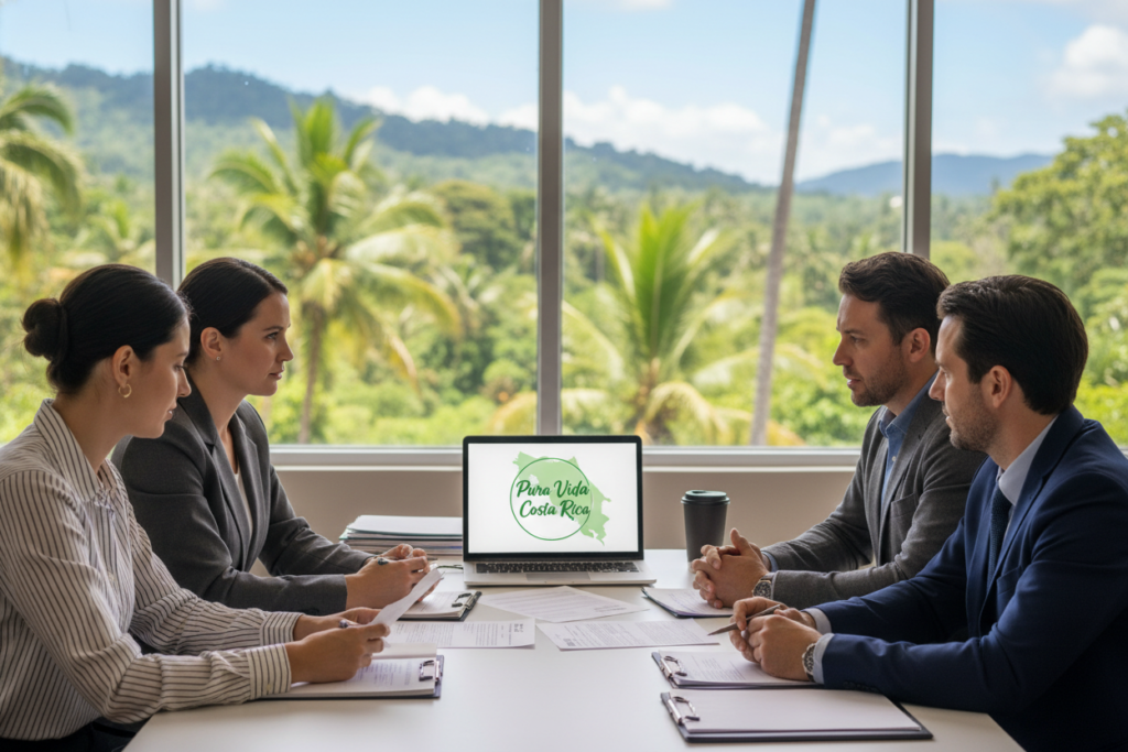 A serene office environment focused on Costa Rica residency requirements. In the foreground, a diverse group of professional individuals, including a Caucasian man and woman in business casual attire, examining documents and discussing residency processes. Their expressions reflect concentration and cooperation. In the middle, a stylish desk cluttered with papers and a laptop displaying the logo "Pura Vida Costa Rica." The background features a large window showcasing Costa Rica's lush greenery and vibrant tropical landscape. Soft, natural light floods the room, creating a warm, inviting atmosphere. The overall mood is professional and informative, emphasizing the importance of understanding immigration requirements in a friendly setting.