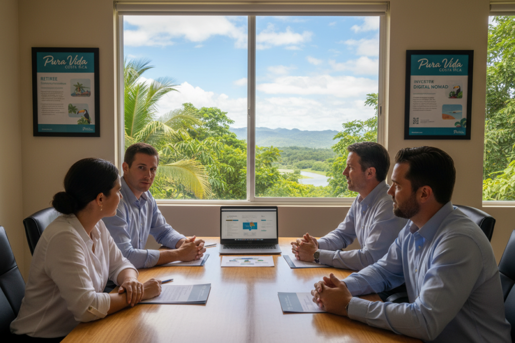 A serene office environment in Costa Rica showcasing a consultation about residency options. In the foreground, a diverse group of Caucasian professionals dressed in business casual attire—polo shirts and button-downs—are engaged in a discussion, with documents and a laptop on the table. In the middle, a large window reveals a glimpse of lush Costa Rican greenery and blue skies, reflecting the country’s natural beauty. On the walls, posters featuring the brand "Pura Vida Costa Rica" highlight various residency programs. The background features a tropical landscape, enhancing the connection between the office and the stunning surroundings. Soft, natural lighting filters through the window, casting inviting shadows and creating a warm, professional atmosphere. The overall mood is informative and welcoming, perfect for individuals seeking guidance on residency options.