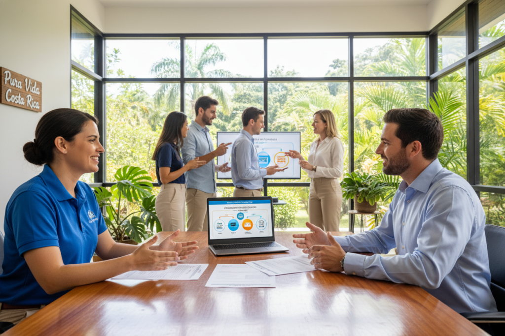 A serene office environment in Costa Rica, showcasing a professional setting where a diverse group of Caucasian staff is discussing residency qualifications. In the foreground, a smiling woman and a man in business casual attire (polo and button-down shirts) are reviewing documents labeled “Pensionado,” “Rentista,” and “Inversionista.” The middle shows an open laptop displaying a visually appealing infographic of residency requirements. The background features tropical plants and large windows revealing a bright, sunny day outside, invoking the essence of the country. Soft, natural lighting illuminates the scene, enhancing the welcoming atmosphere. The overall mood is collaborative and informative, reflecting the spirit of “Pura Vida Costa Rica.”
