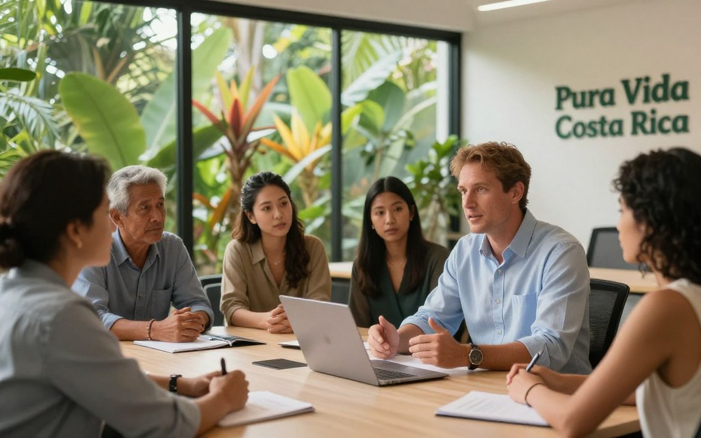 A serene office environment reflecting Costa Rican culture, with a backdrop of lush greenery and exotic plants visible through large windows. In the foreground, a Caucasian consultant in business casual attire (a button-down shirt) is discussing residency requirements with a diverse group of clients. The clients are sitting at a modern table, displaying curious expressions as they listen attentively. Soft, natural lighting illuminates the scene, casting a warm and inviting atmosphere. In the background, a decorative wall featuring the brand name "Pura Vida Costa Rica" subtly emphasizes the theme of residency and immigration. The overall mood conveys professionalism, guidance, and opportunity.