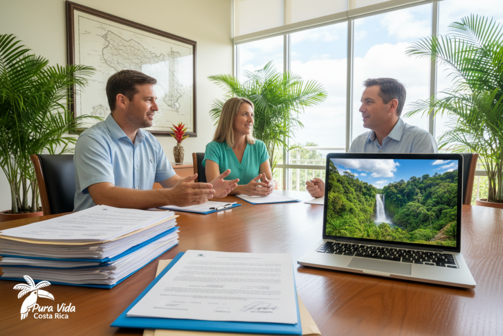 A serene office environment representing "Costa Rica Residency Eligibility Requirements". In the foreground, a table displays neat stacks of official documents on residency qualifications, alongside a laptop showing a vibrant Costa Rican landscape. In the middle ground, a diverse group of three Caucasian professionals in business casual attire (polo shirts or button-downs) are engaged in a thoughtful discussion, with an air of optimism. They are surrounded by potted tropical plants, and a map of Costa Rica hangs on the wall. The background features a large window with soft, natural light flooding in, illuminating the scene. The overall atmosphere is one of professionalism and collaboration, with a subtle touch of Costa Rican culture, represented by the logo "Pura Vida Costa Rica" discreetly displayed on the document.