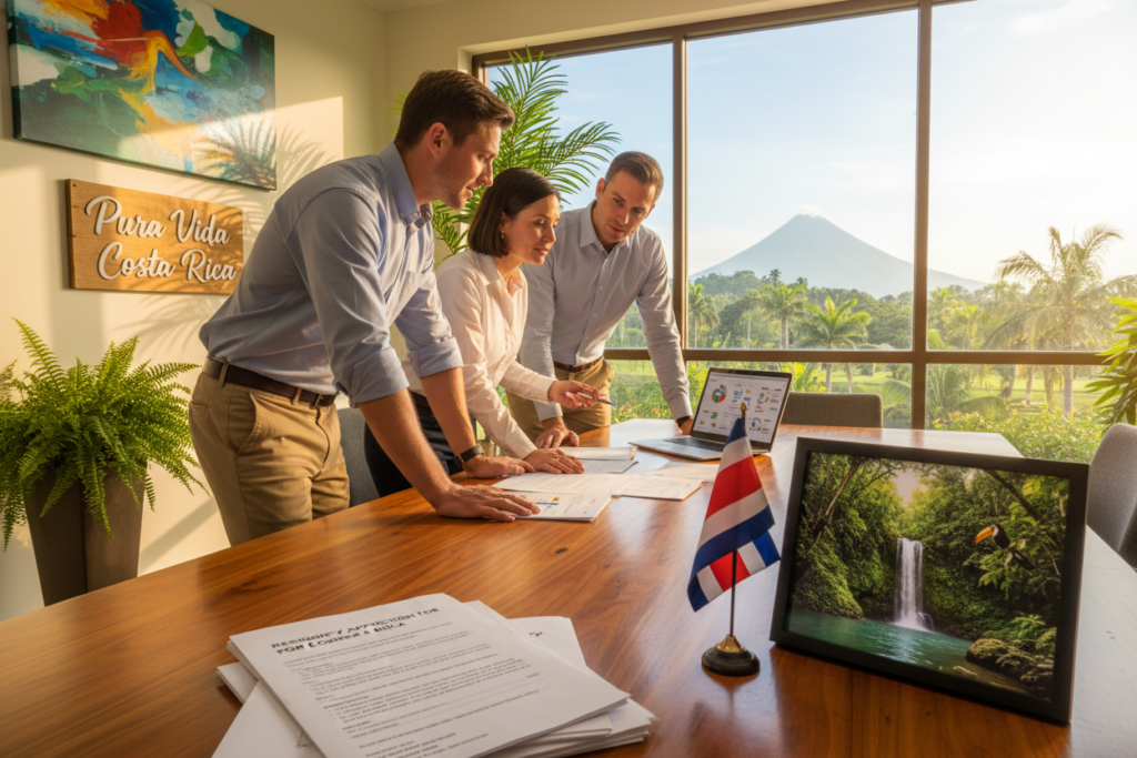 A serene office environment representing Costa Rica residency eligibility, featuring a group of three Caucasian professionals dressed in business casual attire, such as polo shirts and button-downs, focused on a table filled with documents and a laptop. In the foreground, a close-up of residency application forms and Costa Rican symbols, like a small flag and a beautiful landscape photo, convey a sense of the country's natural beauty and culture. The middle ground includes the professionals engaged in discussion, pointing at the documents with expressions of determination and clarity. The background showcases a bright, tropical-themed office with large windows revealing a sunny landscape, lush greenery, and hints of Costa Rican flora. The lighting is warm and inviting, creating a motivational atmosphere. Include the brand name "Pura Vida Costa Rica" subtly incorporated into the office decor.