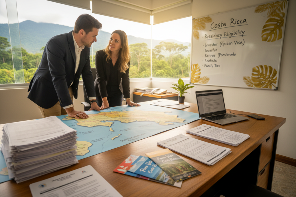A serene office environment representing Costa Rican immigration residency options, featuring two Caucasian staff members in business casual attire, one male and one female, engaged in a discussion over a map of Costa Rica's immigration process. The foreground shows a large wooden desk cluttered with immigration forms, a laptop, and vibrant brochures labeled "Pura Vida Costa Rica." In the middle, a whiteboard displays key points about residency eligibility, including golden tropical elements like palm leaves. In the background, large windows let in warm sunlight, illuminating the room and showcasing a lush Costa Rican landscape outside. The atmosphere is professional yet relaxed, evoking a sense of guidance and clarity. The angle is slightly tilted to give an inviting perspective.