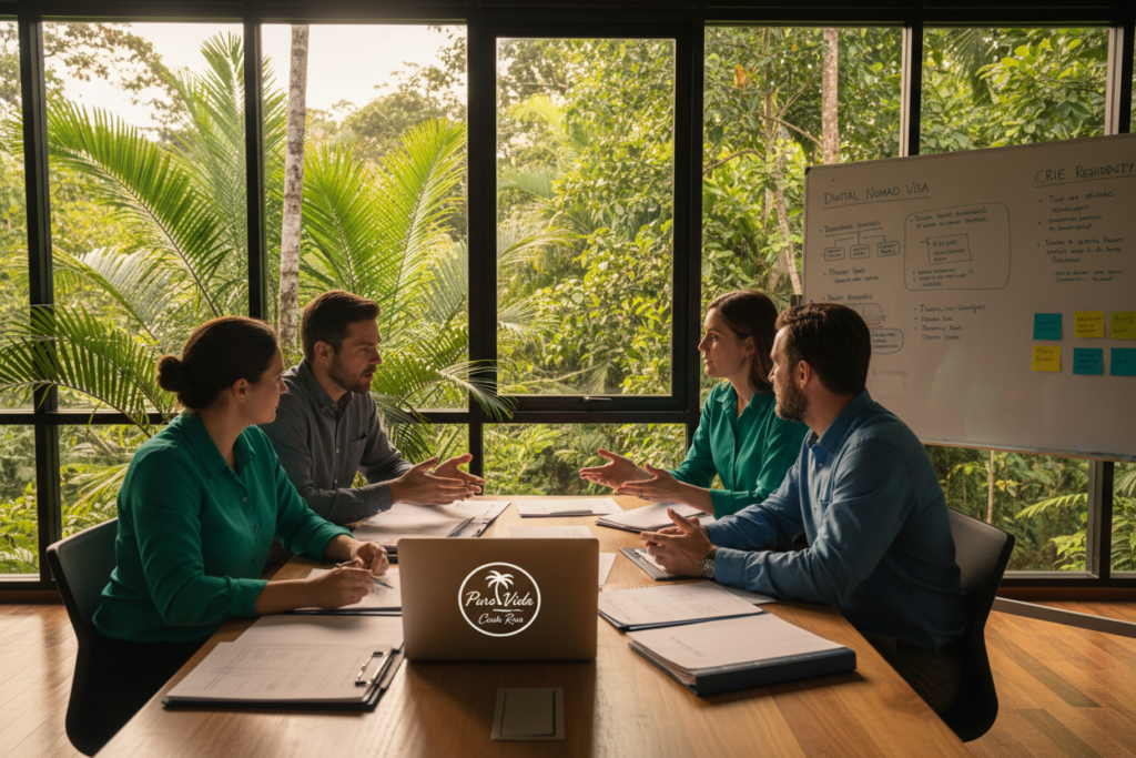 A serene office environment set in Costa Rica, showcasing a group of diverse, Caucasian individuals in business casual attire (polos and button-down shirts) discussing immigration options. In the foreground, a table is covered with documents and a laptop displaying the "Pura Vida Costa Rica" logo. In the middle ground, a large window reveals lush Costa Rican greenery, with soft natural light filtering through, creating a warm and inviting atmosphere. In the background, a whiteboard filled with colorful charts and notes about the Digital Nomad Visa and CRIE Residency options adds context. The scene conveys a sense of professionalism and collaboration, symbolizing the journey of immigration and opportunity in Costa Rica.
