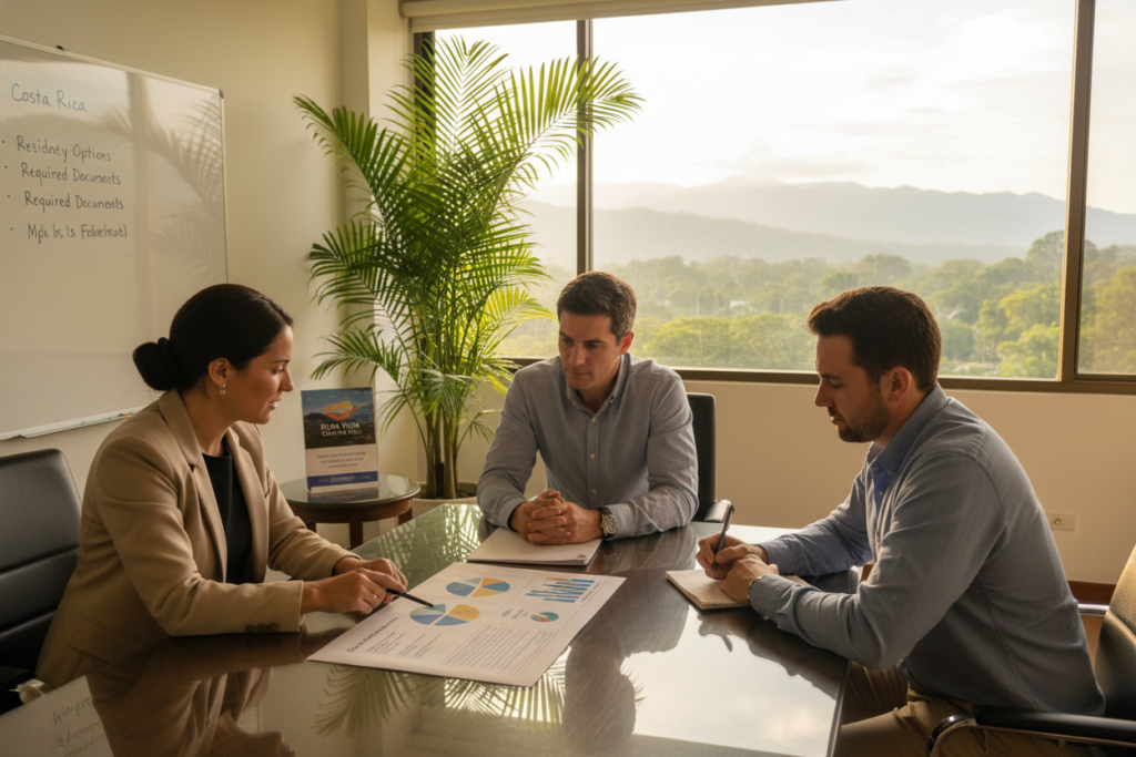 A serene office environment showcasing a diverse group of Caucasian professionals dressed in business casual attire, discussing Costa Rica residency qualifications. In the foreground, a confident woman points to a detailed chart about residency requirements on a sleek table, while two men, one leaning against the table and the other taking notes, observe attentively. The middle section features a whiteboard with key points outlined, and a tropical plant adds a splash of green. The background captures a bright window with a view of Costa Rica's lush landscape, illuminated by soft, natural light from the sun, creating a warm and inviting atmosphere. The scene subtly incorporates the brand name "Pura Vida Costa Rica" on a nearby brochure, reflecting professionalism and a welcoming vibe. A serene office environment showcasing a diverse group of Caucasian professionals dressed in business casual attire, discussing Costa Rica residency qualifications. In the foreground, a confident woman points to a detailed chart about residency requirements on a sleek table, while two men, one leaning against the table and the other taking notes, observe attentively. The middle section features a whiteboard with key points outlined, and a tropical plant adds a splash of green. The background captures a bright window with a view of Costa Rica's lush landscape, illuminated by soft, natural light from the sun, creating a warm and inviting atmosphere. The scene subtly incorporates the brand name "Pura Vida Costa Rica" on a nearby brochure, reflecting professionalism and a welcoming vibe.