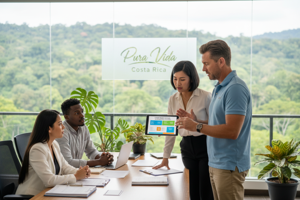 A serene office environment showcasing a diverse group of professionals discussing Costa Rica residency eligibility criteria. In the foreground, a middle-aged Caucasian man in a well-fitted polo shirt is presenting a colorful infographic titled "Costa Rica Residency Eligibility" on a digital tablet. Beside him, a female colleague, also in business casual attire, engages in conversation, highlighting key points. The middle ground features a conference table with paperwork and a laptop, all framed by large windows revealing lush green Costa Rican scenery. The soft, natural lighting enhances the warm, inviting atmosphere, while potted tropical plants add a sense of local charm. In the background, a lightboard displays the brand name "Pura Vida Costa Rica" subtly. The mood is informative and professional, emphasizing collaboration and clarity in navigating residency options.
