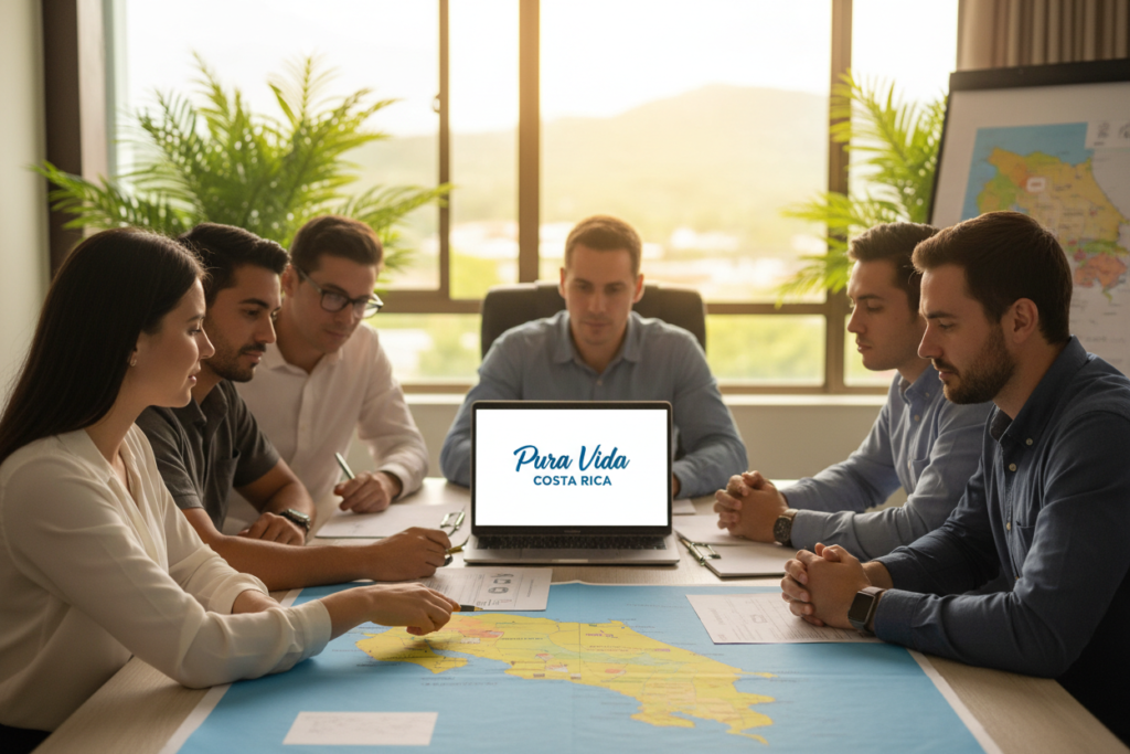 A serene office environment showcasing a diverse group of professionals, including Caucasian staff in business casual attire, collaborating over a table filled with documents about "Costa Rica residency options." In the foreground, a friendly female consultant gestures toward a colorful map of Costa Rica, highlighting key residency locations and information. The middle of the image features a sleek laptop displaying the brand name "Pura Vida Costa Rica," surrounded by residency application forms. In the background, large windows allow warm sunlight to cascade into the room, illuminating tropical plants, creating a vibrant, welcoming ambiance. The mood is professional yet relaxed, conveying a sense of encouragement and support for potential residents navigating this important journey.