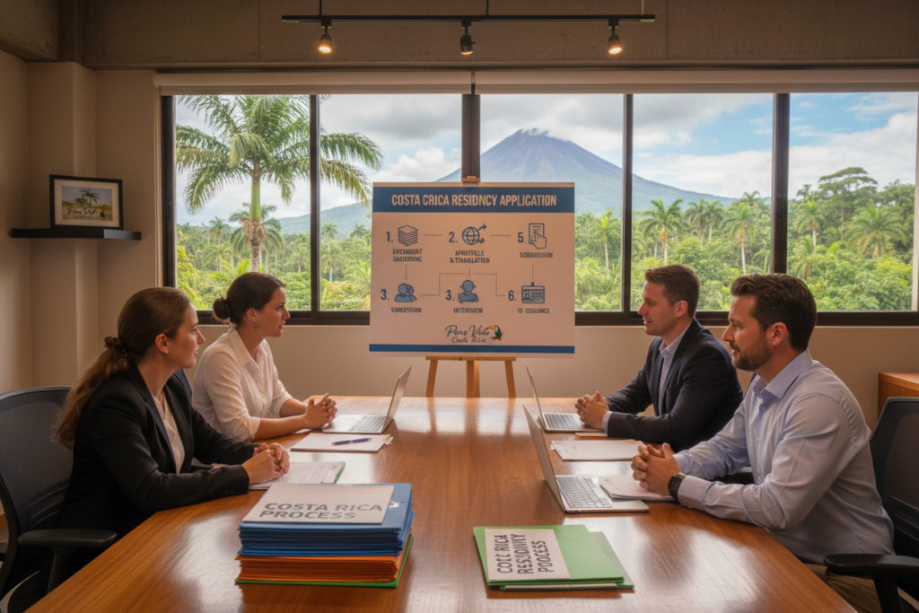 A serene office setting featuring a diverse group of Caucasian professionals in business casual attire, engaging in a collaborative discussion. In the foreground, a neatly organized table displays colorful folders and documents labeled “Costa Rica Residency Process.” In the middle, a large, informative poster outlines key steps in the residency process with icons representing each stage, all under warm, inviting lighting. The background showcases a window with views of lush Costa Rican greenery, hinting at the natural beauty of the country. The atmosphere should be optimistic and welcoming, emphasizing a sense of guidance and clarity, with the brand name "Pura Vida Costa Rica" subtly integrated as part of the office decor. The scene captures a modern, professional environment conducive to navigating Costa Rica's residency process. A serene office setting featuring a diverse group of Caucasian professionals in business casual attire, engaging in a collaborative discussion. In the foreground, a neatly organized table displays colorful folders and documents labeled “Costa Rica Residency Process.” In the middle, a large, informative poster outlines key steps in the residency process with icons representing each stage, all under warm, inviting lighting. The background showcases a window with views of lush Costa Rican greenery, hinting at the natural beauty of the country. The atmosphere should be optimistic and welcoming, emphasizing a sense of guidance and clarity, with the brand name "Pura Vida Costa Rica" subtly integrated as part of the office decor. The scene captures a modern, professional environment conducive to navigating Costa Rica's residency process.