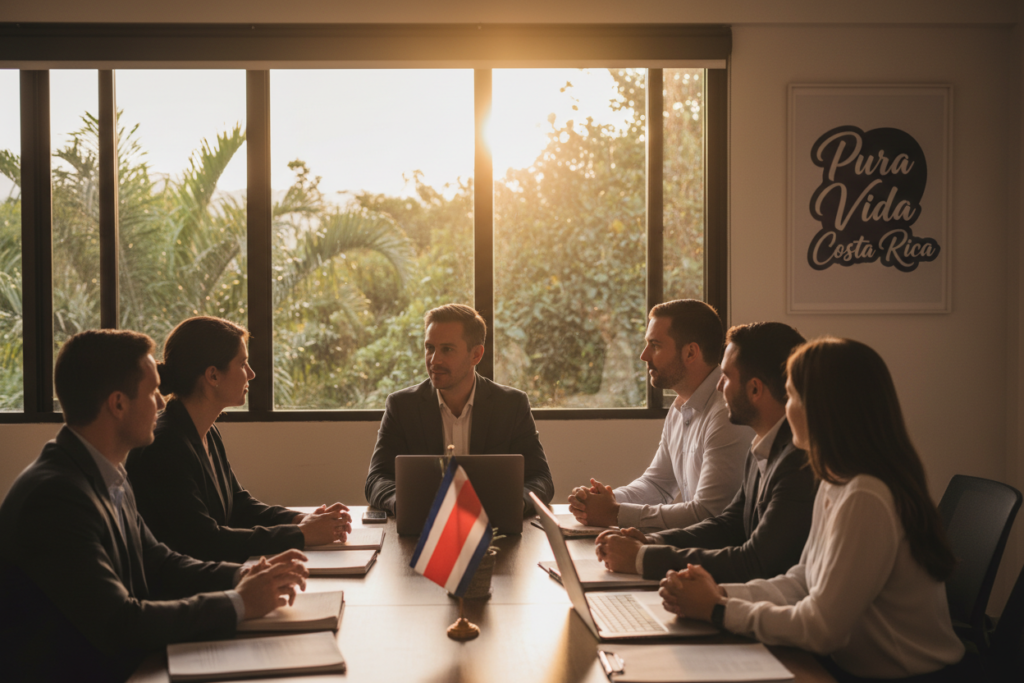 A serene office setting in Costa Rica, showcasing a diverse group of Caucasian staff in business casual attire engaging in a collaborative discussion about residency qualifications for researchers and teachers. In the foreground, a table filled with academic documents, laptops, and a Costa Rican flag. In the middle, a large window displaying lush tropical greenery, hinting at the country's vibrant nature. The background includes a subtle view of a warm sunset pouring in, casting a golden light, creating an inviting atmosphere. The phrase "Pura Vida Costa Rica" elegantly placed on a poster on the wall, reflecting the essence of the region. Capture this scene with a soft focus on the sunlight and an inviting ambiance, conveying professionalism and cooperation among team members.