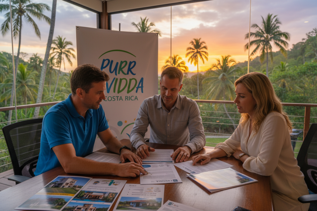 A serene office setting with a large window showcasing lush Costa Rican landscapes, featuring palm trees and a vibrant sunset. In the foreground, a diverse group of Caucasian professionals, dressed in business casual attire like polo shirts and button-downs, are engaged in a discussion. On a sizable table, documents displaying images of residency options are spread out, representing different pathways to residency in Costa Rica. In the background, a banner reading "Pura Vida Costa Rica" hangs on the wall. The lighting is warm and inviting, emanating a productive and optimistic atmosphere, captured with a slight depth of field to emphasize the professionals' interaction while softly blurring the scenic backdrop.