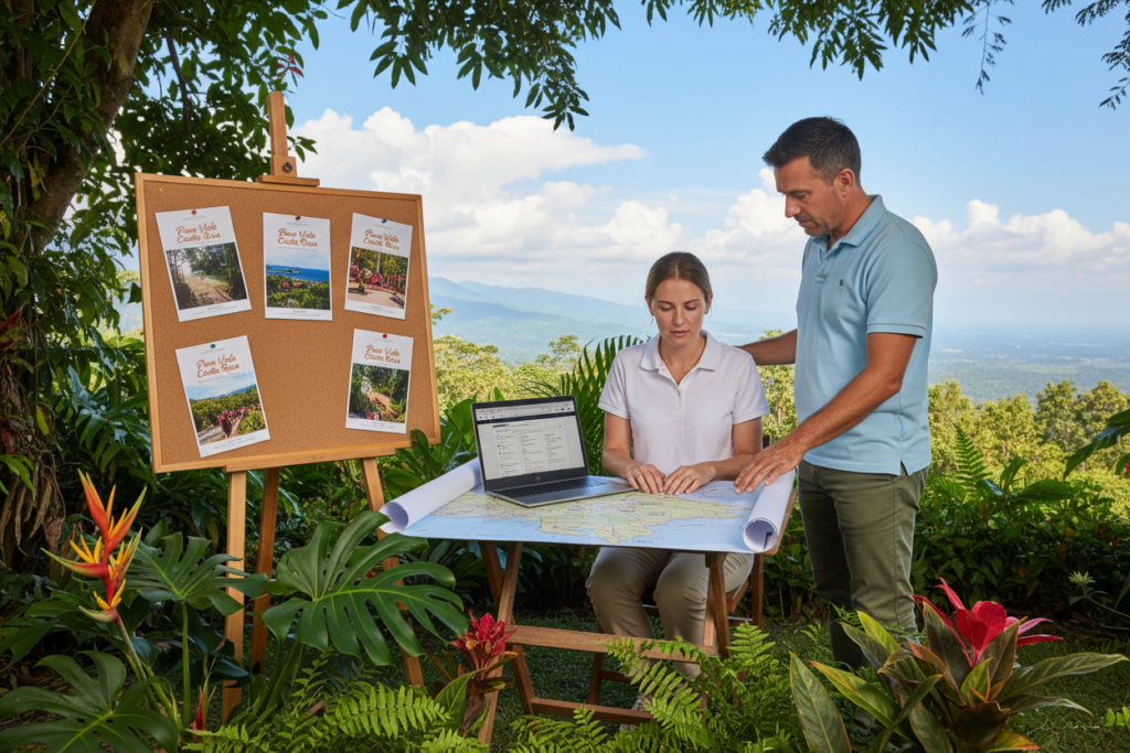 A serene outdoor office setting in Costa Rica, with a small table surrounded by lush greenery and tropical plants; in the foreground, a Caucasian woman in business casual attire (polo and chinos) is studying residency options on a laptop, while a Caucasian man in similar attire stands beside her, pointing at a map of Costa Rica's regions. In the middle ground, a bulletin board displays various residency option brochures labeled "Pura Vida Costa Rica" in an elegant font. The background features a bright blue sky with soft clouds, and hints of distant mountains. Natural sunlight filters through the leaves, creating a warm, inviting atmosphere. The overall mood is one of exploration and opportunity, emphasizing the beauty and potential of living in Costa Rica.
