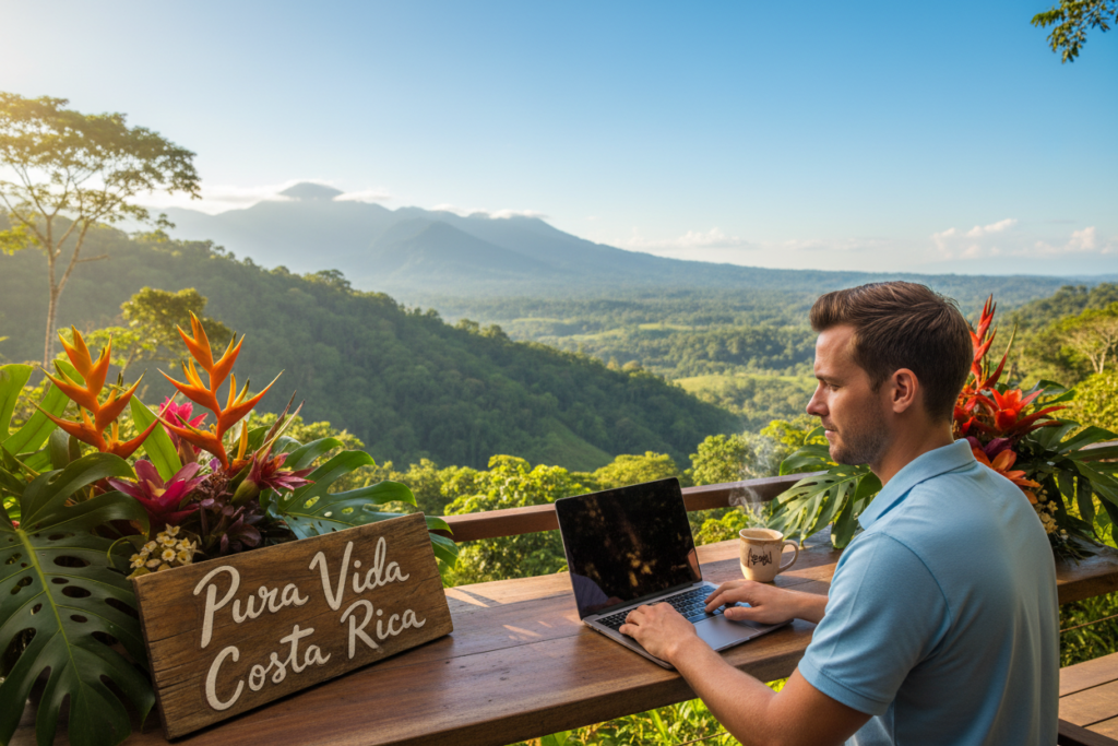 A serene outdoor workspace set in Costa Rica, capturing the essence of a digital nomad lifestyle. In the foreground, a Caucasian male in a smart polo shirt works on a laptop, surrounded by lush tropical plants and colorful flowers. The middle ground features a rustic wooden table adorned with a coffee cup and a "Pura Vida Costa Rica" sign. The background reveals a stunning view of a vibrant green landscape and distant mountains under a bright, clear sky, enhancing the relaxing, productive atmosphere. Soft, natural lighting bathes the scene, creating a warm and inviting mood, ideal for embodying the digital nomad experience. The composition suggests a sense of balance between work and travel, emphasizing the allure of living in Costa Rica as a digital nomad.