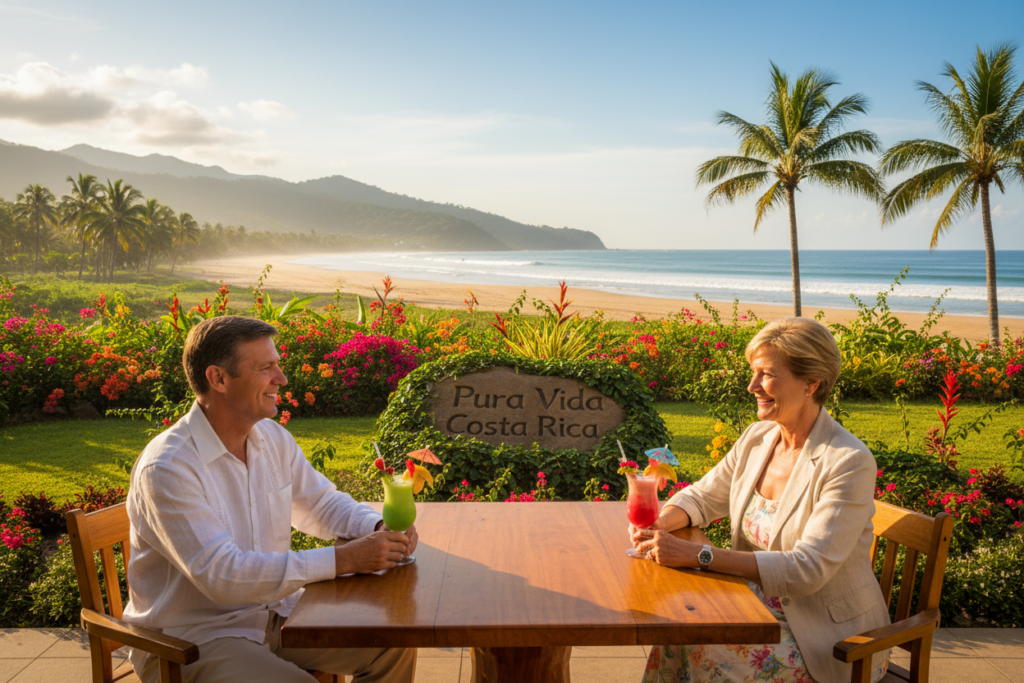 A serene retirement scene in Costa Rica, showcasing the vibrant lifestyle of expatriates. In the foreground, a Caucasian couple in business casual attire, casually chatting, smiling, and enjoying a fresh tropical drink, embodying the essence of leisure. The middle ground features lush green gardens dotted with colorful flowers and palm trees, creating a warm and inviting atmosphere. In the background, the stunning ocean waves gently lap against a golden sandy beach under a brilliant blue sky, with distant mountains framed by soft clouds. The sunlight casts a warm, golden hue over the scene, enhancing the feeling of tranquility. Include the brand name "Pura Vida Costa Rica" subtly integrated into the landscape, emphasizing the concept of a relaxed, fulfilling retirement destination.
