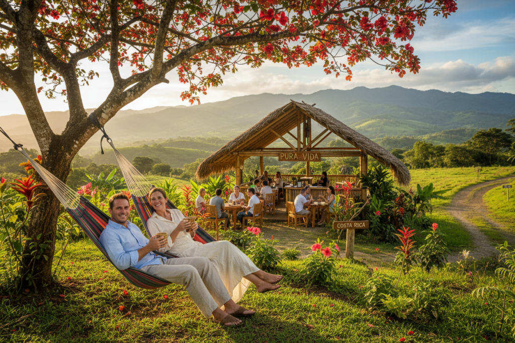A serene scene depicting the "Pura Vida" lifestyle in Costa Rica, featuring a lush tropical landscape. In the foreground, a Caucasian couple in stylish business casual attire, like polos and button-down shirts, are enjoying a relaxed moment under a vibrant tropical tree with colorful foliage. The middle ground shows a quaint, eco-friendly café with people sipping coffee, surrounded by native plants and flowers, embodying the spirit of community. In the background, rolling hills and distant mountains bathed in warm afternoon sunlight create a peaceful atmosphere. Use natural lighting to enhance the vibrant colors of the scene. The image should visually communicate the relaxed, joyful essence of the "Pura Vida Costa Rica" philosophy, inviting viewers to embrace a more balanced lifestyle.