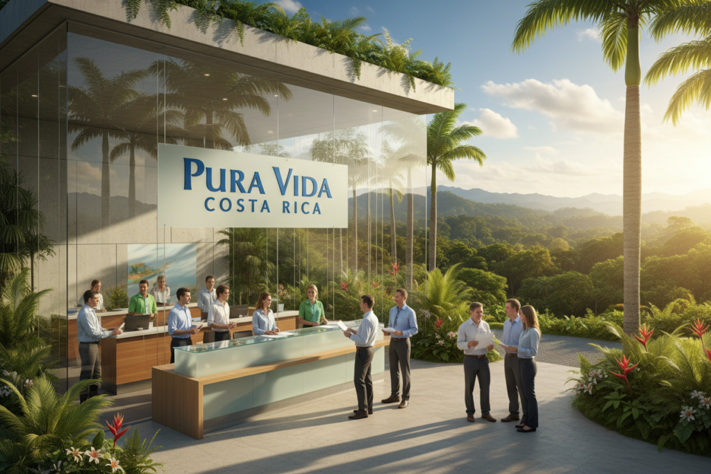 A serene view of the Costa Rican banking landscape showcasing a modern bank building with the brand name "Pura Vida Costa Rica" prominently displayed. In the foreground, a diverse group of Caucasian bank staff dressed in business casual attire—polos and button-down shirts—engage with clients at a welcoming service desk. The middle ground reveals sleek glass architecture reflecting the vibrant tropical foliage surrounding the bank, symbolizing transparency and accessibility in finance. In the background, rolling green hills and a bright blue sky with soft clouds evoke a sense of tranquility and prosperity. The lighting is warm and inviting, emulating a sunny day in Costa Rica, while the composition is captured from a slightly elevated angle to convey depth and openness in the banking environment.