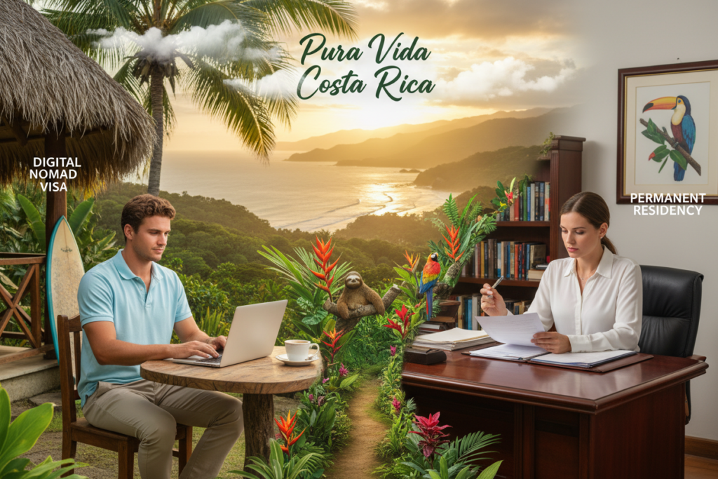 A split-scene comparison illustrating "Digital Nomad Visa vs Permanent Residency" in Costa Rica. In the foreground, on the left, a young Caucasian professional in business casual attire (polo shirt, khakis) works on a laptop at a tropical café under palm trees, with a relaxed vibe suggesting remote work. On the right, another Caucasian individual, also in casual business attire, reviews residency paperwork in a serene office space adorned with Costa Rican decor, symbolizing stability and permanence. The middle ground features vibrant nature typical of Costa Rica, such as lush greenery and wildlife. In the background, a picturesque view of Costa Rica’s coastline and mountainous landscape under warm, natural lighting, evoking an inviting and inspirational atmosphere. "Pura Vida Costa Rica" subtly integrated within the scene, reflecting the theme of lifestyle and opportunity.