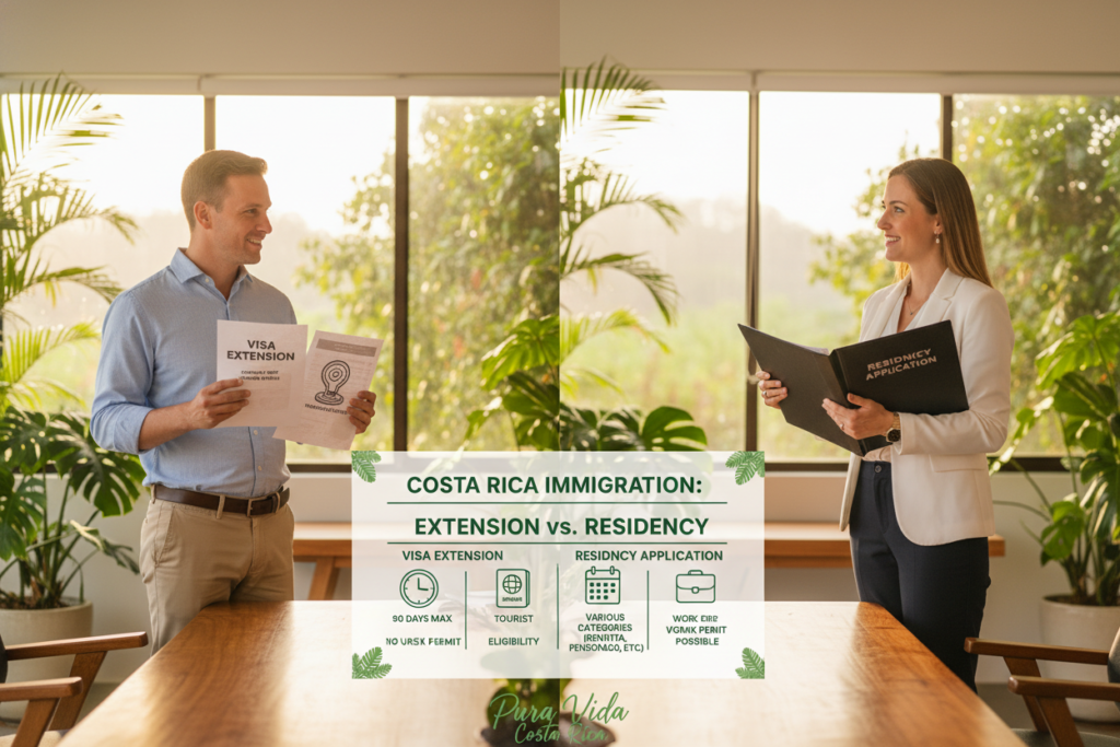 A split-scene image illustrating the differences between a Costa Rica visa extension and residency application. In the foreground, portray two professional Caucasian individuals in business casual attire—one holding visa extension documents and the other holding residency papers—standing on either side of a table with clear visuals of their respective paperwork. In the middle, incorporate a detailed infographic style representation of key differences, such as duration, eligibility, and benefits, using icons for better clarity. The background features a bright, airy Costa Rican office with plants and natural light streaming in, creating an inviting atmosphere. Add subtle branding elements of "Pura Vida Costa Rica" to emphasize the local context. The lighting should be warm and welcoming, with a focus on the individuals engaging in a friendly discussion.