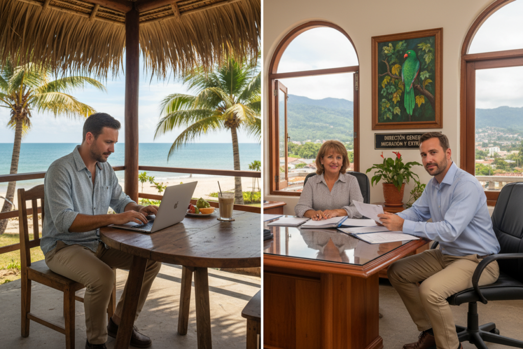 A split scene showcasing the contrasting experiences of obtaining a digital nomad visa versus permanent residency in Costa Rica. On the left, a young Caucasian professional in business casual attire, working on a laptop at a beachside café, palm trees swaying in the background, embodying the freedom and flexibility of digital nomad life. On the right, the same individual at a tranquil governmental office, reviewing paperwork with a Costa Rican official, symbolizing traditional residency. The background features a blend of tropical landscapes and an inviting cityscape. Soft, warm lighting enhances the serene atmosphere, with a focus on vibrant colors that reflect the spirit of "Pura Vida Costa Rica." The camera angle captures both scenes harmoniously, illustrating the transition from nomadic lifestyle to settling in a welcoming country.