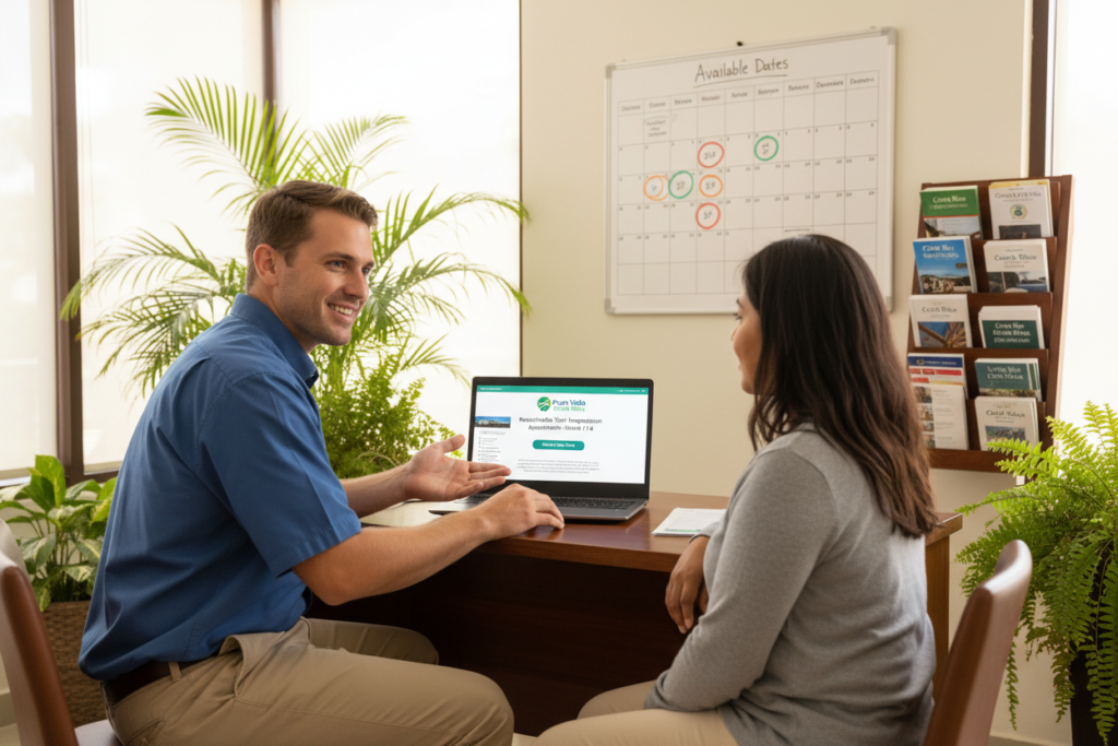 A step-by-step guide for rescheduling a Costa Rica immigration appointment, featuring a professional setting. In the foreground, a Caucasian staff member in business casual attire, such as a collared shirt, is seen assisting a client at a desk with a laptop open, displaying the Pura Vida Costa Rica logo on the screen. In the middle ground, a large calendar on the wall shows various appointment dates, with some highlighted in bright colors. The background includes a welcoming office atmosphere with plants and informational brochures neatly arranged. The lighting is soft and warm, creating an inviting mood, with a slight depth of field effect to emphasize the staff and client interaction while subtly blurring the background details.