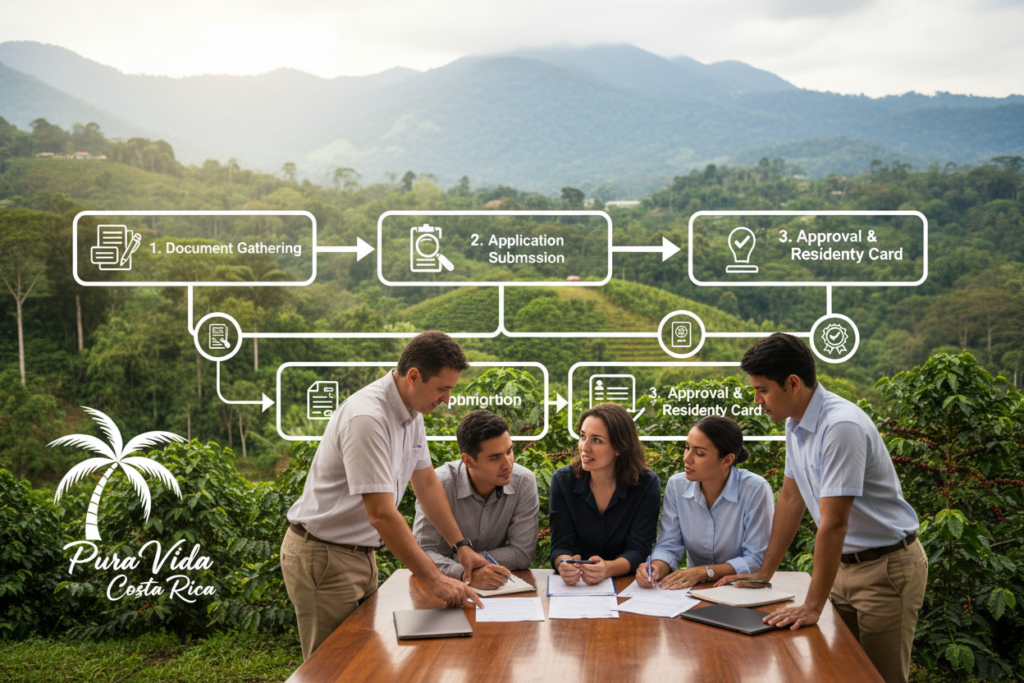 A step-by-step visual representation of the Costa Rica residency process, featuring a series of illustrated steps laid out in an organized flowchart style. In the foreground, depict diverse individuals dressed in business casual attire, including polo shirts and button-down tops, engaged in discussion around a table with immigration documents. The middle of the image should showcase a clear pathway illustrating each residency step, with icons representing documentation, application forms, and approvals. In the background, add iconic Costa Rican elements like lush greenery, coffee plants, and mountains to create a serene atmosphere. Use soft, natural lighting to evoke a sense of warmth and professionalism. Include the brand name "Pura Vida Costa Rica" subtly integrated into the design, avoiding any text overlays or captions.