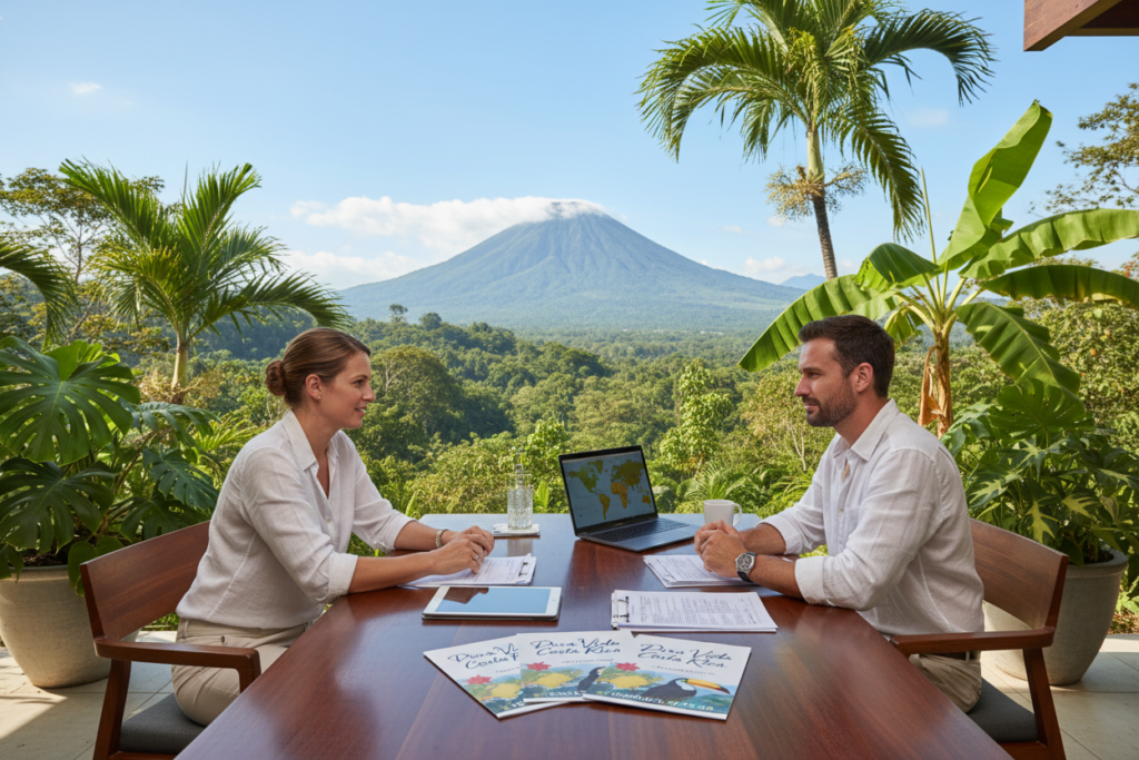 A sunny and inviting outdoor office setting in Costa Rica, showcasing a modern workspace with tropical plants and a view of lush greenery. In the foreground, a Caucasian professional couple in business casual attire is discussing residency options at a sleek wooden table, surrounded by documents and a laptop. The middle ground features informational brochures labeled "Pura Vida Costa Rica" spread out on the table. The background is filled with vibrant Costa Rican landscape elements, like palm trees and volcanic mountains under a clear blue sky. The lighting is bright and natural, creating a warm and welcoming atmosphere. The composition captures a sense of opportunity and relaxation, ideal for exploring residency possibilities. A sunny and inviting outdoor office setting in Costa Rica, showcasing a modern workspace with tropical plants and a view of lush greenery. In the foreground, a Caucasian professional couple in business casual attire is discussing residency options at a sleek wooden table, surrounded by documents and a laptop. The middle ground features informational brochures labeled "Pura Vida Costa Rica" spread out on the table. The background is filled with vibrant Costa Rican landscape elements, like palm trees and volcanic mountains under a clear blue sky. The lighting is bright and natural, creating a warm and welcoming atmosphere. The composition captures a sense of opportunity and relaxation, ideal for exploring residency possibilities.