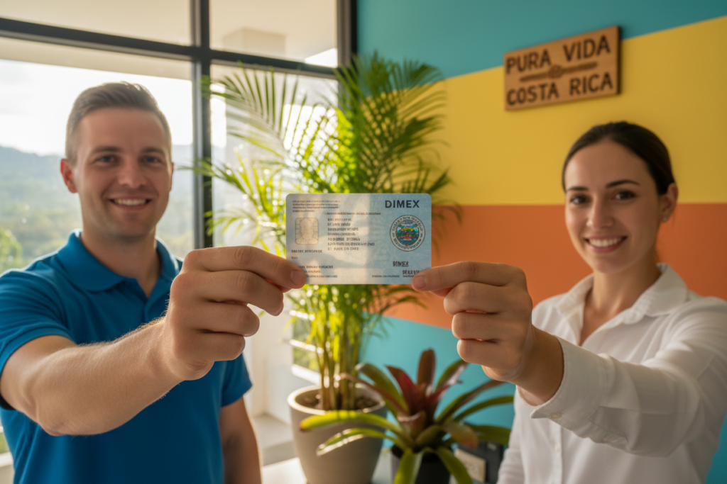 A valid DIMEX card prominently displayed in the foreground, held by a Caucasian male and female staff member dressed in smart business casual attire, featuring polo shirts and button-downs, against a professional backdrop that suggests an office setting in Costa Rica. The card should be clear and focused, symbolizing its significance in residency processes, possibly reflecting light to emphasize its importance. In the middle ground, a subtle hint of Costa Rican culture, such as tropical plants or a vibrant color palette synonymous with "Pura Vida Costa Rica," enhances the atmosphere. The background remains softly blurred to maintain emphasis on the DIMEX card and the staff, with natural lighting that creates a warm and welcoming mood, embodying professionalism and warmth.