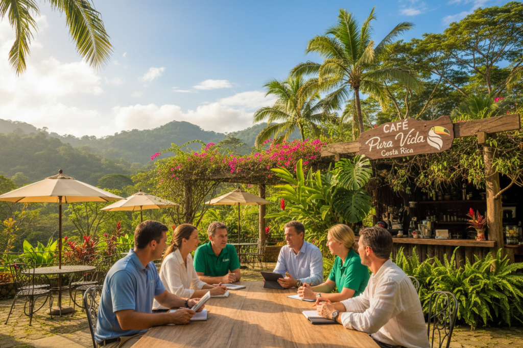 A vibrant Costa Rican landscape depicting a professional immigration scene for self-employed individuals. In the foreground, a diverse group of Caucasian professionals dressed in business casual attire, such as polo shirts and button-downs, engage in discussion at a wooden table surrounded by tropical greenery. In the middle ground, a cozy outdoor café setting with iconic Costa Rican flora, like palm trees and colorful flowers, enhances the inviting atmosphere. The background features rolling hills and a brilliant blue sky, evoking a sense of serenity and opportunity. The lighting is warm and inviting, with soft sunlight filtering through the leaves. The brand "Pura Vida Costa Rica" is subtly integrated into the café’s décor, promoting a sense of place and community. The mood is optimistic and professional, ideal for self-employed expatriates exploring opportunities in Costa Rica.