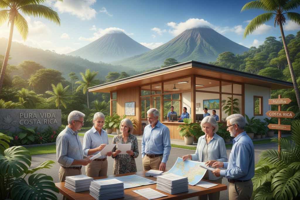 A vibrant Costa Rican landscape illustrating the residency process. In the foreground, a diverse group of Caucasian individuals in business casual attire, such as polo shirts and button-downs, engage in discussions, studying documents that represent residency applications. The middle of the image features a welcoming government office with tropical plants, and friendly Costa Rican staff assisting clients. The background showcases the lush green hills and iconic volcanoes of Costa Rica under a bright blue sky, symbolizing opportunity and growth. Soft, natural lighting adds warmth to the scene, emphasizing a sense of hope and community. The phrase "Pura Vida Costa Rica" subtly integrated into the environment conveys the essence of the Costa Rican lifestyle.