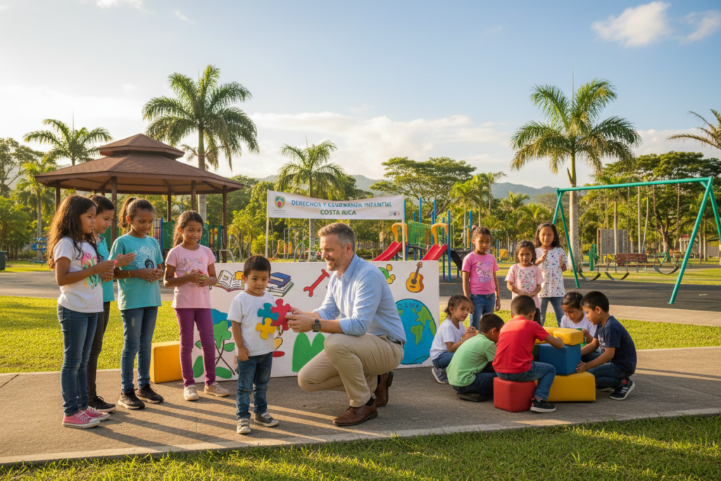 A vibrant and engaging scene depicting children’s rights in Costa Rica, showcasing a diverse group of children of various ethnicities joyfully playing in a colorful park. In the foreground, a Caucasian adult staff member in casual business attire, such as a button-down shirt and slacks, is engaging with the children, illustrating support and guidance. In the middle ground, children from different backgrounds are participating in activities that represent their rights, such as art and teamwork exercises. The background features lush green trees and playground equipment under a bright, clear sky, creating an uplifting atmosphere. The lighting is warm and inviting, capturing the essence of "Pura Vida Costa Rica." Aim for a friendly, optimistic mood that highlights the importance of children's rights and citizenship in the country. A vibrant and engaging scene depicting children’s rights in Costa Rica, showcasing a diverse group of children of various ethnicities joyfully playing in a colorful park. In the foreground, a Caucasian adult staff member in casual business attire, such as a button-down shirt and slacks, is engaging with the children, illustrating support and guidance. In the middle ground, children from different backgrounds are participating in activities that represent their rights, such as art and teamwork exercises. The background features lush green trees and playground equipment under a bright, clear sky, creating an uplifting atmosphere. The lighting is warm and inviting, capturing the essence of "Pura Vida Costa Rica." Aim for a friendly, optimistic mood that highlights the importance of children's rights and citizenship in the country.