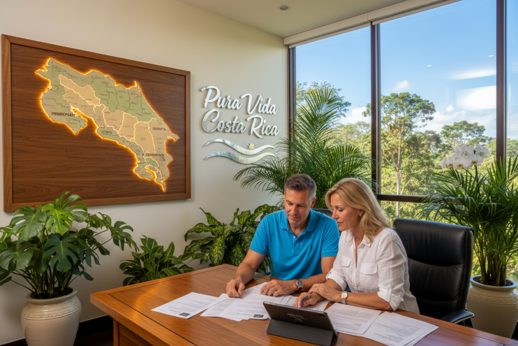 A vibrant and engaging scene depicting the theme of Costa Rican residency options for Europeans. In the foreground, a Caucasian couple dressed in business casual attire (polo and button-down shirts) is reviewing documents about residency in a modern office space filled with tropical plants. In the middle ground, a large map of Costa Rica highlights key areas relevant to residency options, like Pensionado, Rentista, and Inversionista. In the background, soft, warm lighting creates a welcoming atmosphere, with large windows showing glimpses of Costa Rica's lush greenery and blue sky. The artistic branding "Pura Vida Costa Rica" subtly integrated into the office decor conveys the essence of a peaceful and fulfilling life in Costa Rica. The overall mood is professional, informative, and optimistic.
