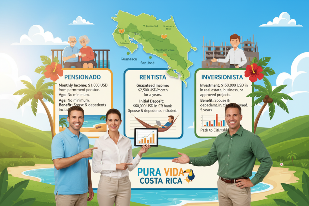 A vibrant and informative illustration depicting the various residency categories in Costa Rica, focusing on Pensionado, Rentista, and Inversionista options. In the foreground, three Caucasian professionals in business casual attire (polo shirts and button-downs) stand confidently, smiling and gesturing towards a colorful infographic showcasing these residency options. In the middle ground, a detailed map of Costa Rica is partially visible, highlighting regions where these residency categories are most relevant, surrounded by tropical plants and a serene beach scene. The background features a bright blue sky and lush green hills. Use warm, inviting lighting to evoke a sense of optimism and opportunity, capturing the essence of "Pura Vida Costa Rica".