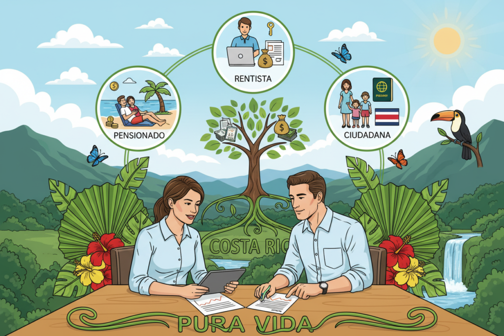 A vibrant and informative illustration showcasing the various residency options in Costa Rica. In the foreground, a diverse group of three Caucasian professionals dressed in business casual attire (polo shirts and button-downs) are engaged in a discussion over documents and a laptop, highlighting the theme of residency programs. In the middle, a detailed infographic style representation of different residency options like pensionado, rentista, and ciudadana, surrounded by tropical elements like palm trees and colorful flowers, symbolizing Costa Rica's natural beauty. In the background, a scenic view of Costa Rica's lush landscapes, with soft sunlight illuminating the scene, creating a warm and inviting atmosphere. Include the brand name "Pura Vida Costa Rica" subtly integrated into the design without any text overlays.