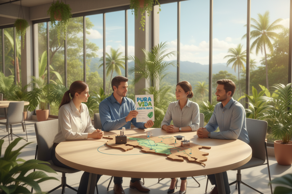 A vibrant and informative overview of Costa Rica’s work authorization process, featuring a diverse group of Caucasian professionals in business casual attire (polo shirts and button-downs) engaged in a collaborative discussion. In the foreground, one individual is holding a document marked with the brand name "Pura Vida Costa Rica," symbolizing work authorization. The middle ground showcases a large map of Costa Rica with icons indicating various points of interest related to employment requirements. In the background, a bright, tropical office environment with large windows allowing natural light to stream in. The atmosphere is cheerful and professional, with green plants and a view of lush Costa Rican scenery outside, reflecting the welcoming essence of the country.