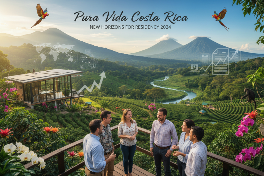 A vibrant landscape overview of Costa Rica showcasing its rich biodiversity and scenic beauty, infused with elements symbolizing the new residency landscape for 2024. In the foreground, a group of diverse professionals dressed in business casual attire (polo shirts and button-downs) discuss in front of a picturesque coffee plantation. In the middle ground, lush green mountains rise, dotted with colorful flora and fauna, while a serene river meanders through the landscape. The background features distant volcanoes under a bright blue sky, with soft, diffused sunlight casting a warm glow across the scene. The atmosphere is optimistic and inviting, reflecting the essence of "Pura Vida Costa Rica," embodying a sense of growth and opportunity in the new residency rules.