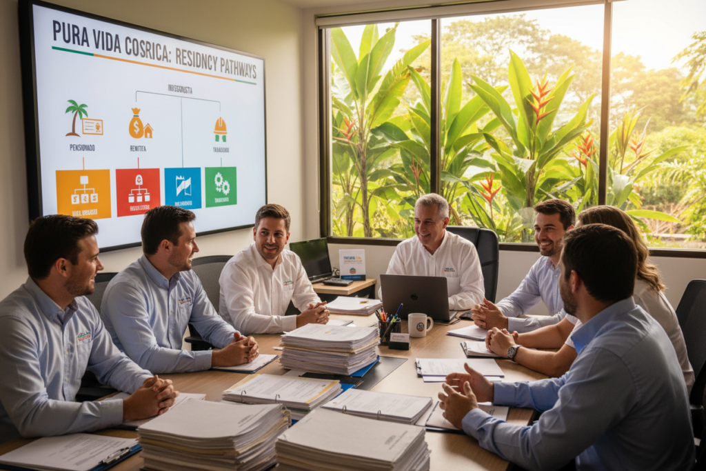 A vibrant office scene depicting the concept of Costa Rica residency categories. In the foreground, a diverse group of Caucasian individuals in business casual attire (polo shirts and button-downs) engages in a discussion around a large table adorned with documents and a laptop. The middle ground features a large wall-mounted board displaying colorful graphics representing different residency categories in Costa Rica, with icons and symbols. The background captures a bright window with tropical plants visible outside, symbolizing the essence of Costa Rica. The lighting is warm and inviting, resembling sunny daylight, and captured from a mid-angle perspective for depth. The atmosphere is professional yet relaxed, with a sense of collaboration and understanding, showcasing a dynamic workspace branded with "Pura Vida Costa Rica."