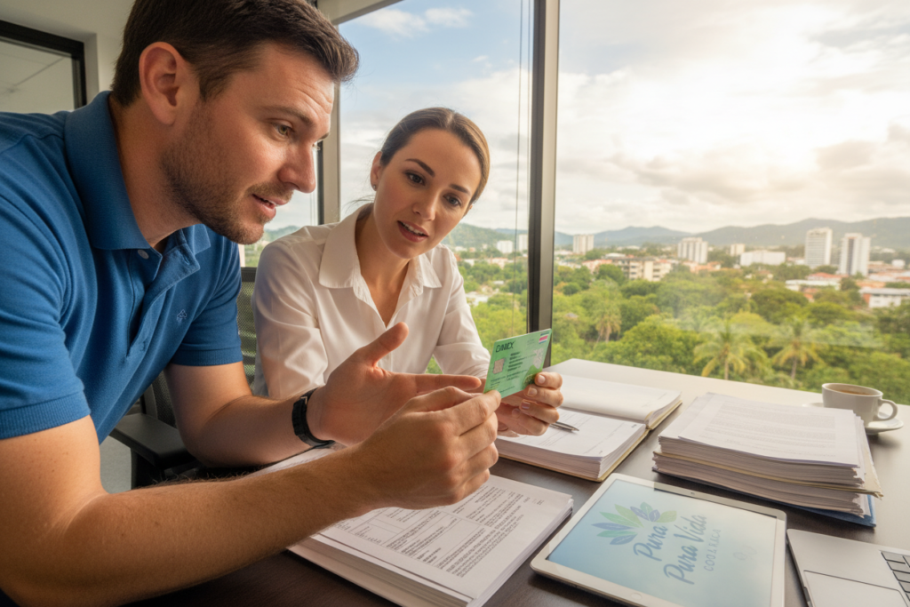 A vibrant office scene showcasing the importance of the DIMEX card in Costa Rica. In the foreground, a Caucasian professional man and woman in business casual attire (polo and button-down shirts) are closely examining a DIMEX card and discussing its significance. The middle ground features a desk with neatly stacked paperwork and the brand logo "Pura Vida Costa Rica" on a visible item. In the background, a large window shows a scenic view of Costa Rican greenery and urban architecture, capturing the essence of the country. Soft, natural lighting floods the room, enhancing the warm and inviting atmosphere, while the angle is slightly tilted to create depth and focus on the discussion, emphasizing the card's value as a crucial identity document.