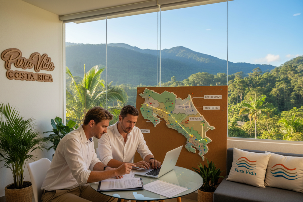 A vibrant office setting in Costa Rica, showcasing a diverse group of Caucasian professionals in business casual attire. In the foreground, a male and female team member collaborate over a laptop, reviewing documents related to residency options. The middle ground displays a large map of Costa Rica with highlighted regions representing various residency options. In the background, large windows reveal a scenic view of lush green mountains and tropical foliage under bright blue skies, emphasizing Costa Rica's natural beauty. Soft, warm lighting creates an inviting atmosphere, perfect for a professional but relaxed discussion. The brand name "Pura Vida Costa Rica" is subtly integrated into the office decor, enhancing the local essence without overpowering the scene.