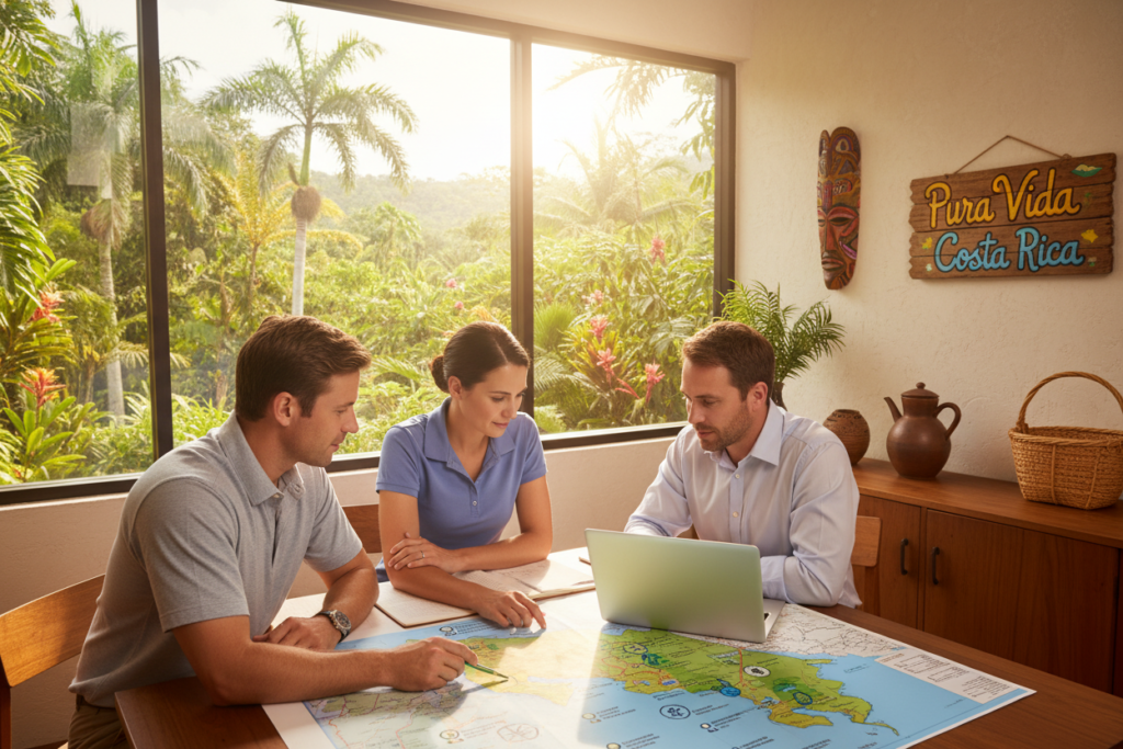 A vibrant scene depicting the concept of investor residency benefits in Costa Rica, centered around a modern office setting. In the foreground, a group of three diverse Caucasian professionals in business casual attire (polo shirts and button-downs) are engaged in a discussion over a laptop, with a backdrop showcasing lush tropical greenery through a large window. In the middle, a map of Costa Rica is laid out on the table, with highlighted investment hotspots and benefits, creating an inviting and collaborative atmosphere. The background features elements of Costa Rican culture, such as decorative artifacts and a "Pura Vida Costa Rica" sign, enhancing the local flavor. Soft, warm lighting pours in from the window, creating a welcoming mood suitable for discussing investment opportunities. The angle is slightly above eye level, providing a comprehensive perspective on the scene.