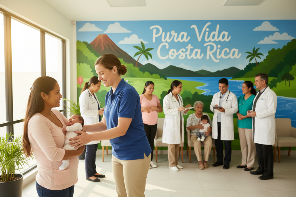 A vibrant scene depicting the public healthcare system in Costa Rica, showcasing a modern clinic environment. In the foreground, a Caucasian nurse in business casual attire (polo shirt and slacks) attentively assists a mother with her newborn. The middle ground features an array of healthcare staff in professional, welcoming poses, as they interact with patients, emphasizing compassion and support. The background includes colorful murals depicting Costa Rican landscapes and the phrase "Pura Vida Costa Rica," enhancing the local atmosphere. The lighting is bright and inviting, creating a feeling of warmth and safety. The image captures a sense of community, highlighting the accessibility and friendliness of the maternity services within the public healthcare system, with a focus on family and care.
