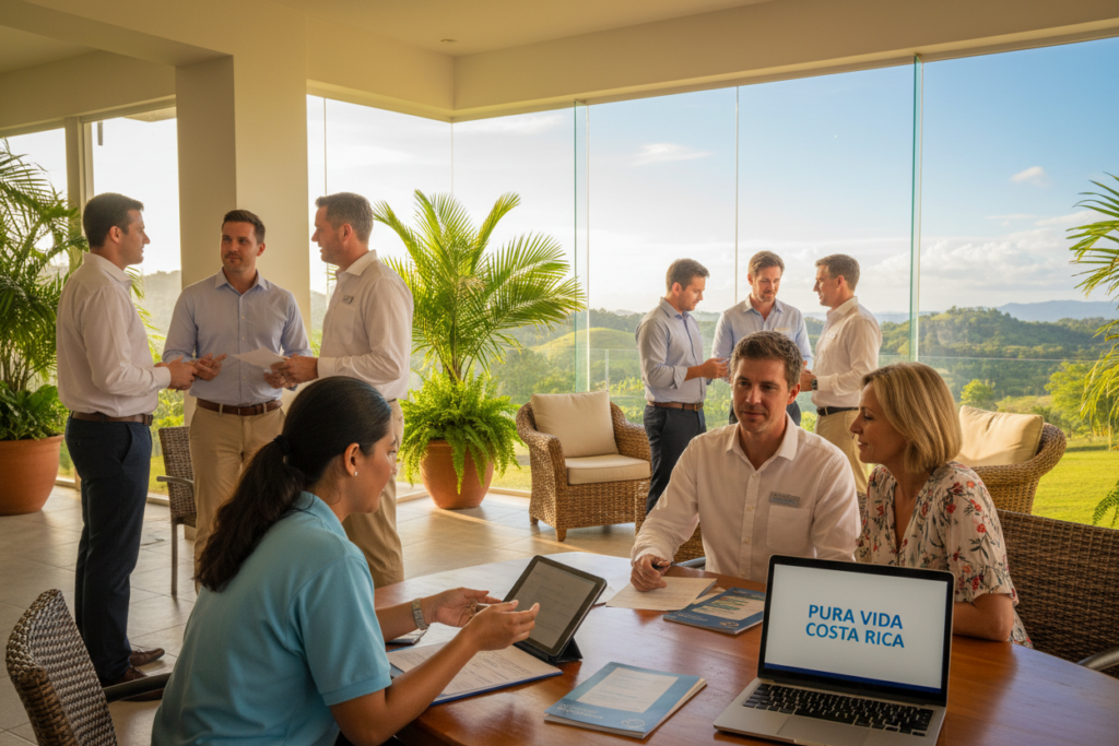 A vibrant scene illustrating Costa Rica residency options for expats, featuring a diverse group of Caucasian professionals in business casual attire—such as polos and button-down shirts—discussing the various residency pathways. In the foreground, a friendly, knowledgeable staff member provides guidance to a couple inquiring about options, with documents and a laptop on a smooth wooden table labeled "Pura Vida Costa Rica". The middle ground shows lush, tropical plants and an inviting reception area, while in the background, large windows reveal a bright, sunny day with rolling green hills. The lighting is warm and welcoming, enhancing an atmosphere of openness and opportunity. The angle captures both the characters' engagement and the beauty of the Costa Rican environment, evoking a sense of hope and excitement for expats considering residency.