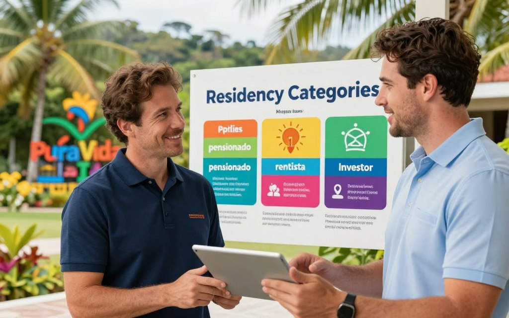 A vibrant scene illustrating Costa Rica's residency categories, with foreground featuring two Caucasian staff members in business casual attire (polos and button-downs) engaging in a friendly discussion over a tablet. The middle ground showcases a colorful infographic displaying the different residency options (like pensionado, rentista, and investor) with icons representing each category. In the background, a lush tropical landscape with palm trees and the vibrant Pura Vida Costa Rica logo, symbolizing the country’s laid-back vibe. Soft, natural lighting illuminates the scene, creating a warm and inviting atmosphere, with a slightly elevated angle to capture both the staff interaction and the infographic details effectively. The mood is professional yet approachable, ideal for an immigration consulting environment.