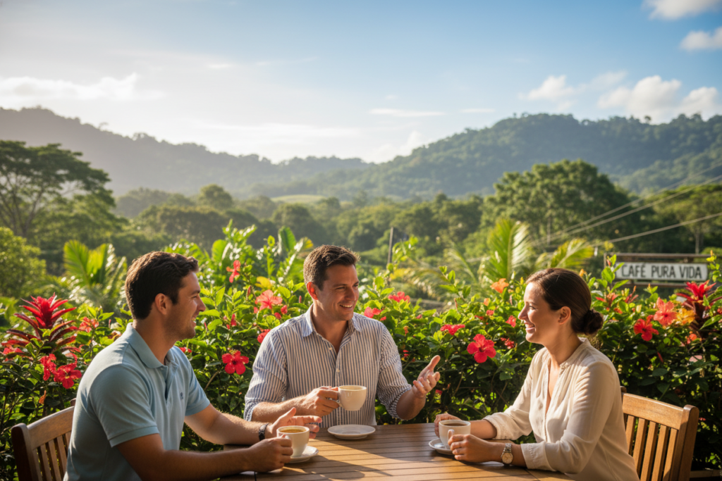 A vibrant scene reflecting the Costa Rica lifestyle, showcasing a relaxed outdoor cafe with a lush tropical garden in the background. In the foreground, a small group of three Caucasian individuals dressed in business casual attire, such as polos and button-down shirts, enjoying a discussion over coffee. The middle ground features colorful plants like hibiscus and a backdrop of verdant hills under a bright blue sky with soft, warm sunlight illuminating the scene. The overall mood is vibrant and inviting, capturing the essence of "Pura Vida Costa Rica." A lens with a shallow depth of field emphasizes the group's engagement while softening the background, creating an atmosphere of warmth and community.